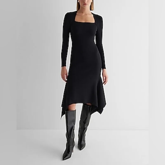 Express Dresses & Skirts - Express Ribbed Square Neck Asymmetrical Hem Midi Sweater Dress - Black - Size S
